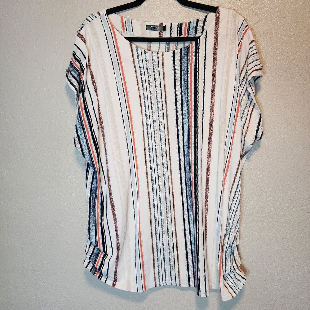 CURE Vertical Striped Short Sleeve Tunic Top Off-White Coral Navy - Size 3XL